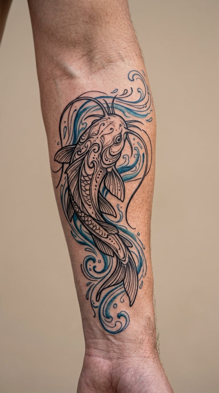 Catfish Whiskers and Water Accent Tattoo