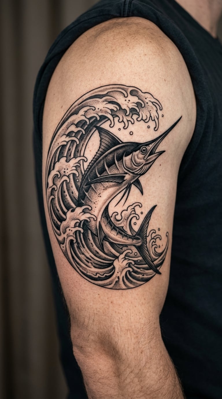 Marlin and Ocean Wave Tattoo