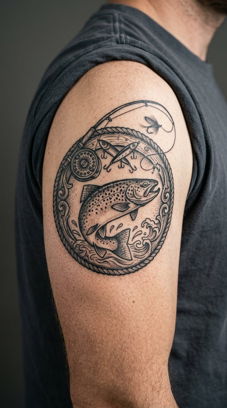 Vintage Fishing Badge Tattoo