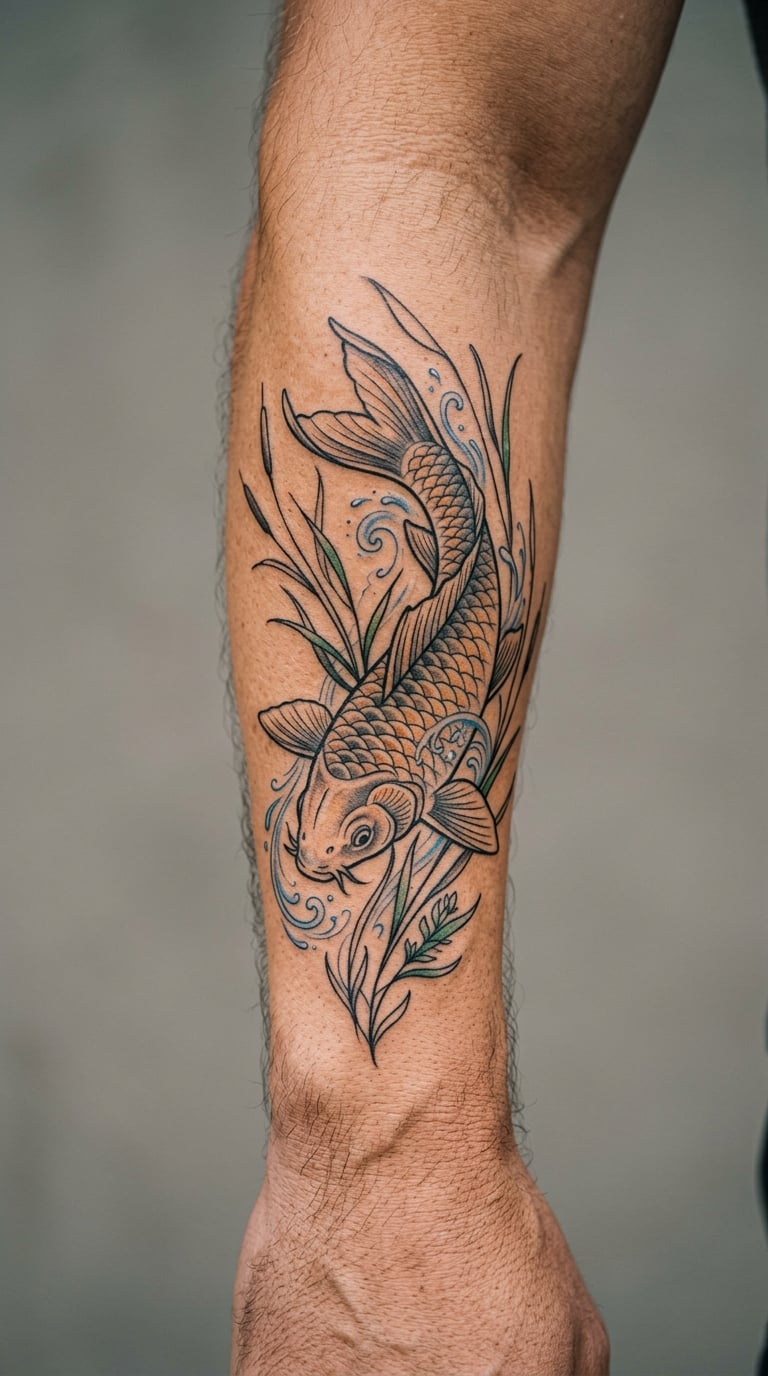 Carp with Floral Water Tattoo