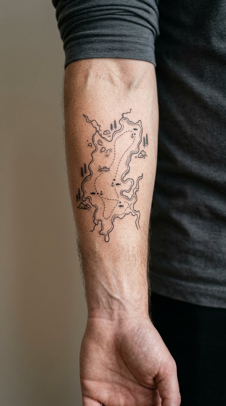 Fishing Rod Line Map Tattoo