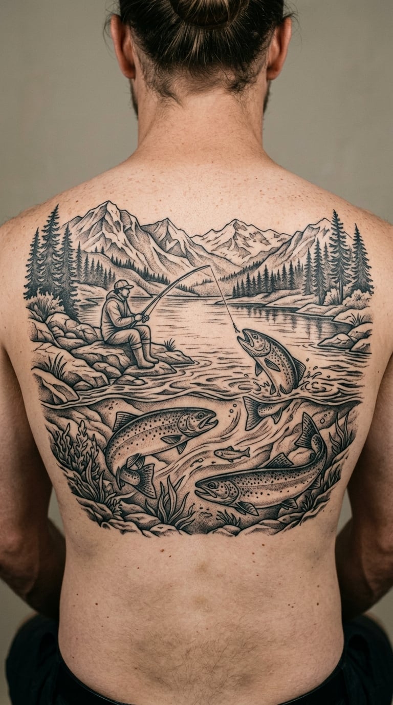 Full Fishing Scene Back Tattoo