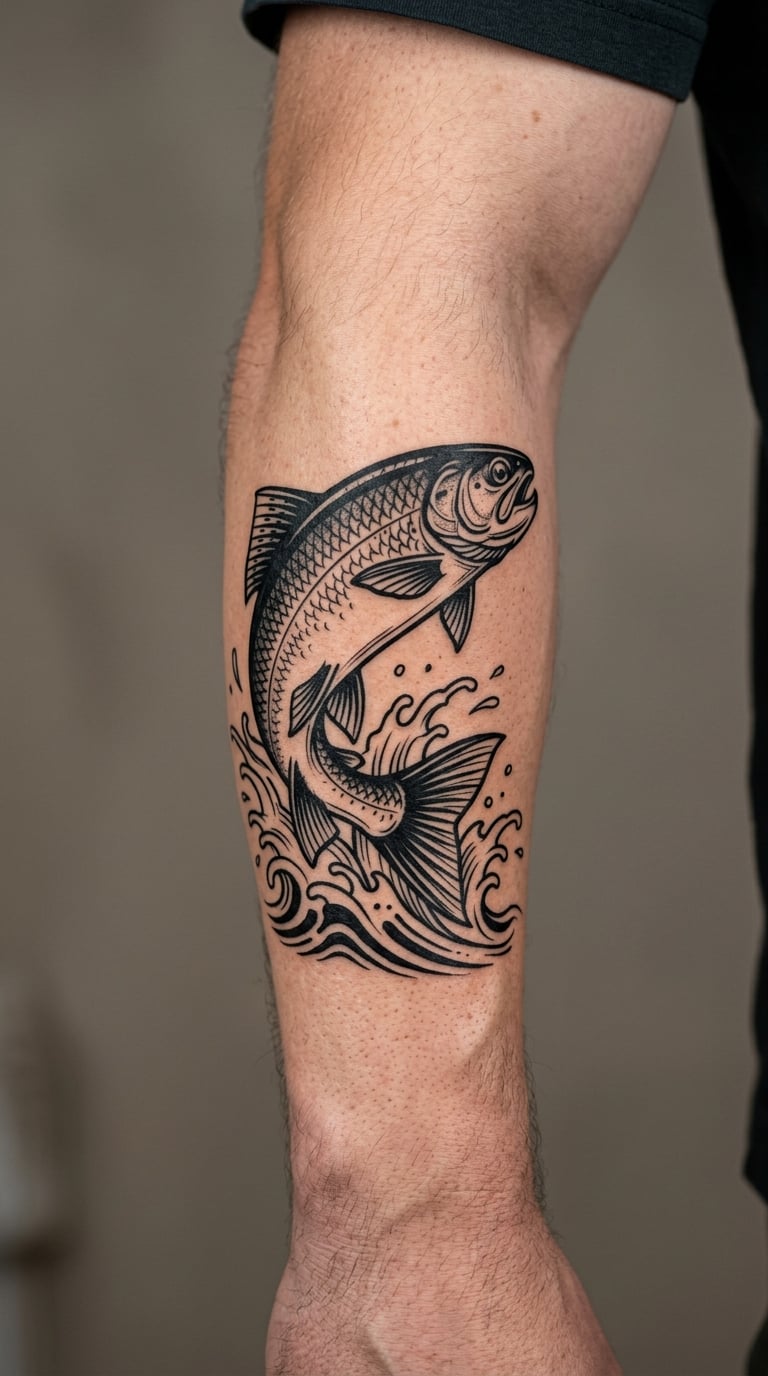Jumping Trout Blackwork Tattoo