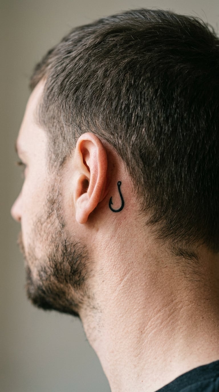 Small Fish Hook Behind the Ear Tattoo