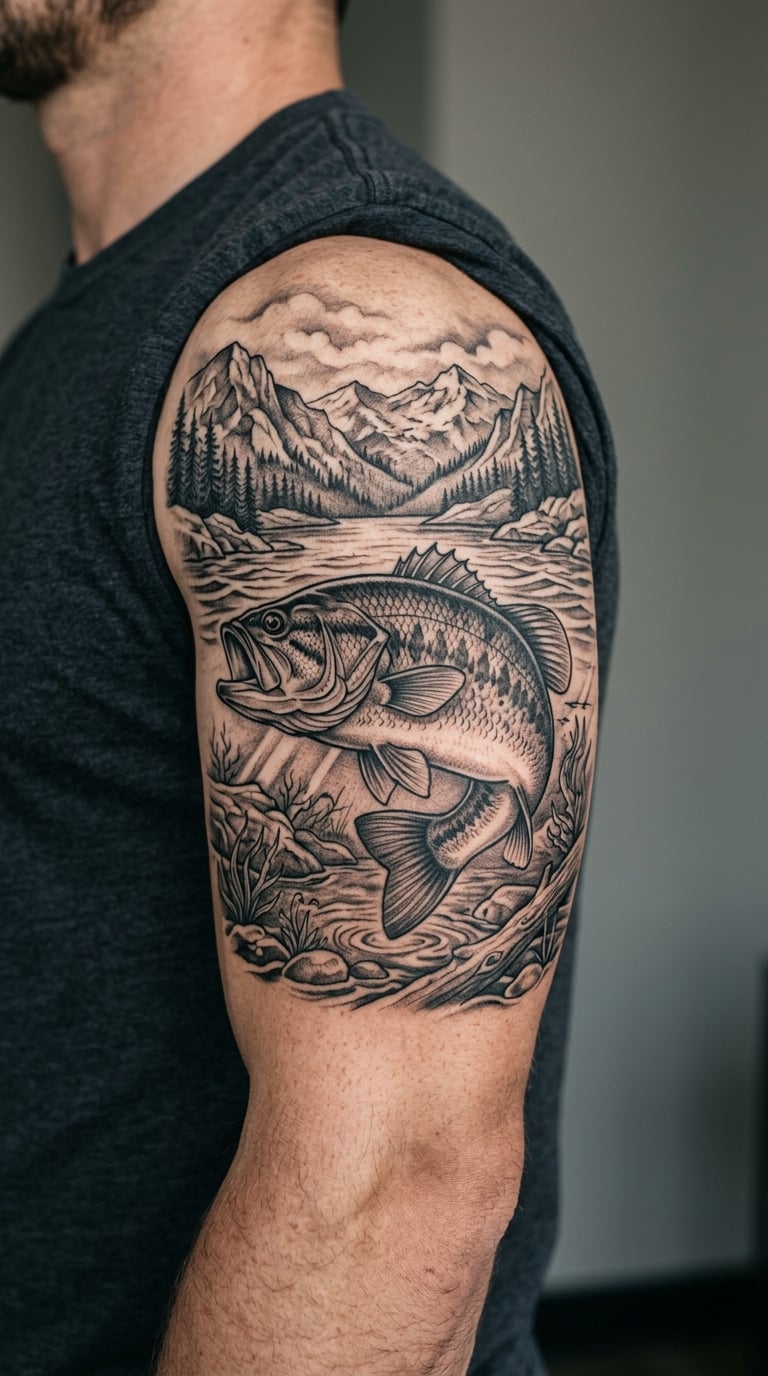 Bass with Mountain Lake Scene