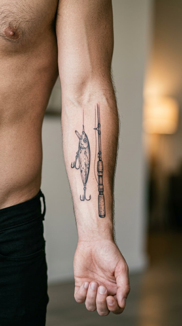 Vintage Lure and Fishing Rod Tattoo