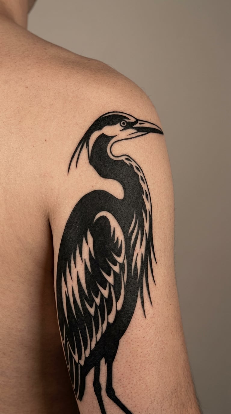 Blackwork Heron in Profile