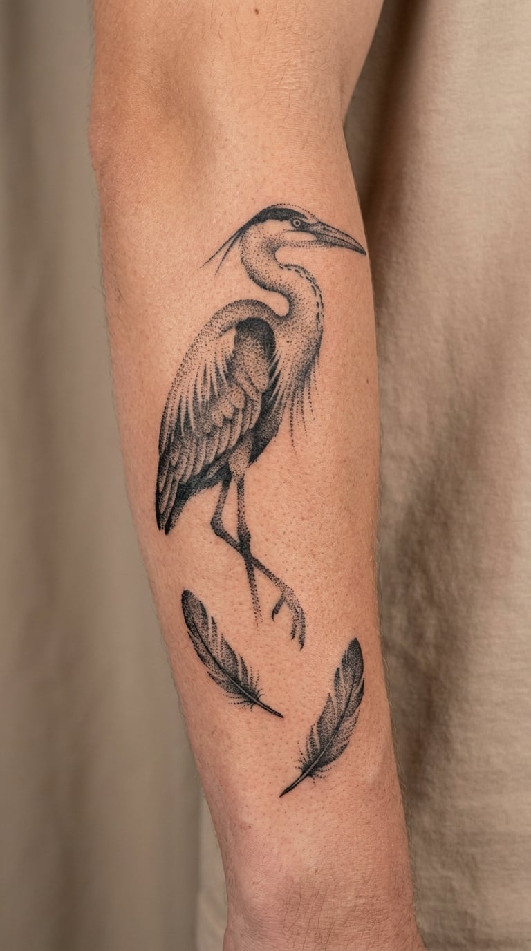 Dotwork Heron and Feathers