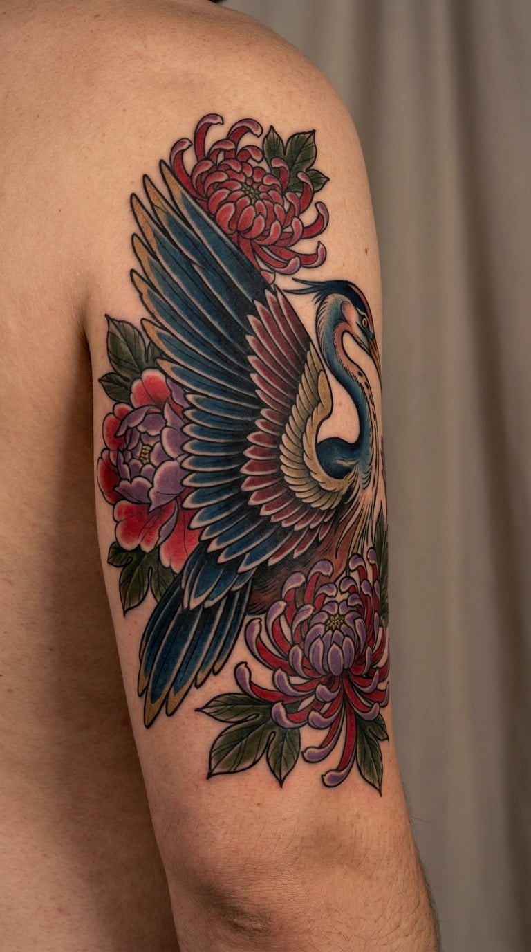 Neo-Traditional Heron with Flowers