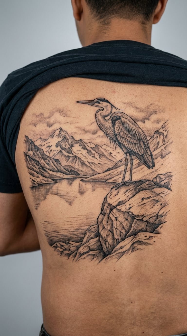 Heron and Mountain Lake Scene