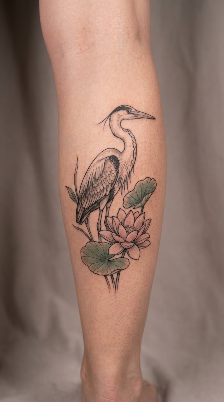 Heron with Lotus Flower