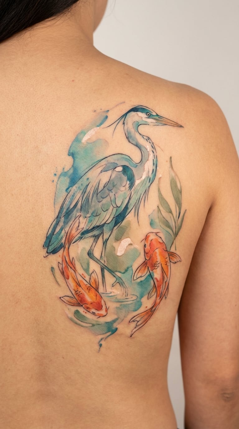 Heron and Koi in Watercolor