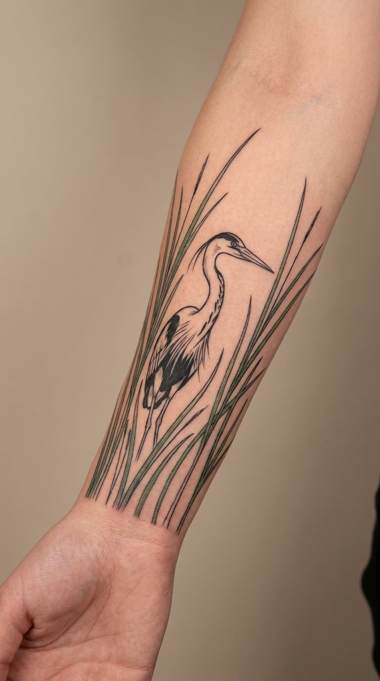 Heron and Reed Botanical Tattoo