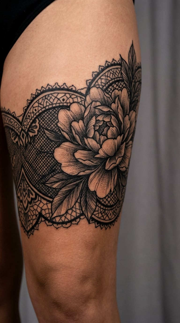 Blackwork Lace Garter with Peony