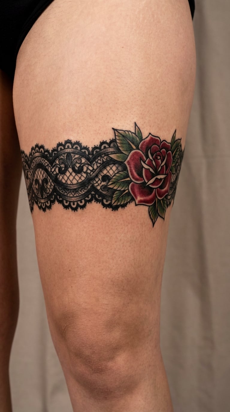 Traditional Lace Garter with Red Rose