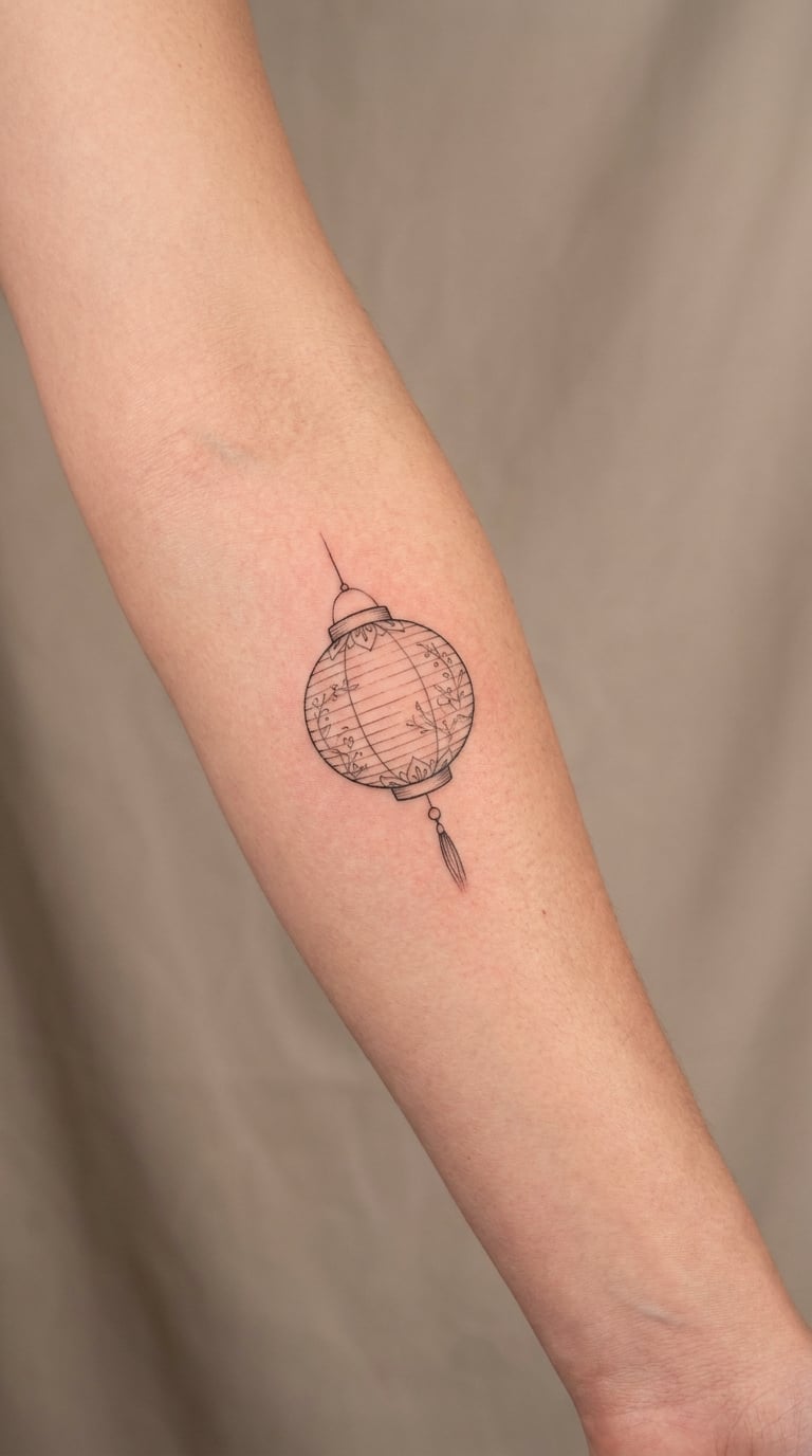 Fine-Line Paper Lantern on the Inner Forearm
