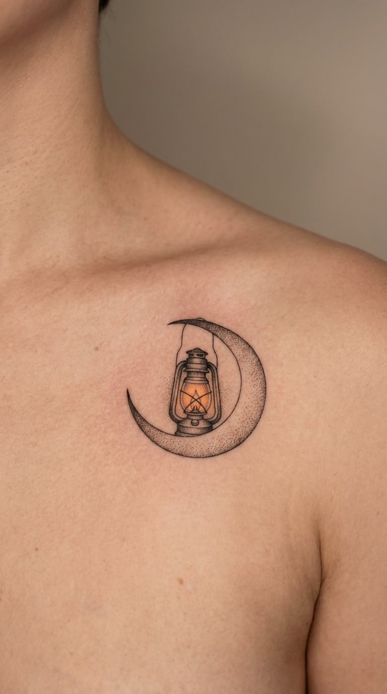 Dotwork Moonlit Lantern on the Upper Chest