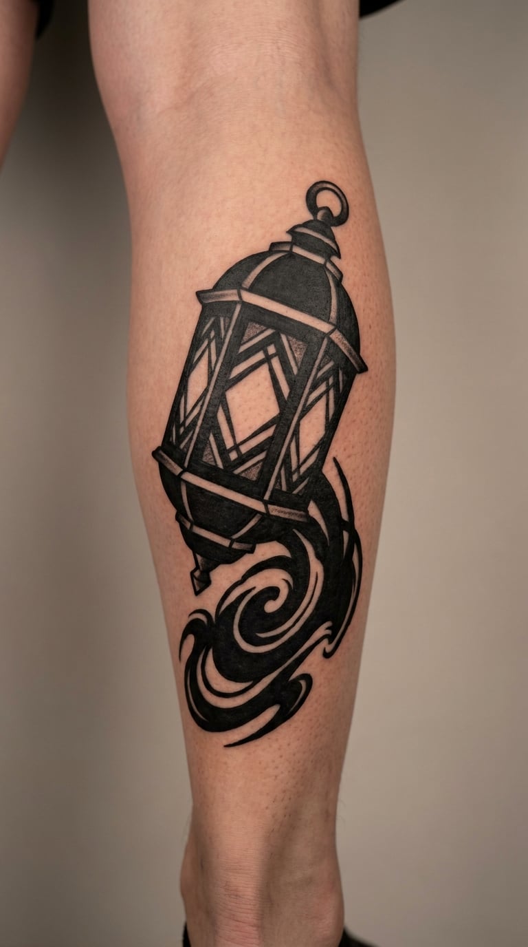Blackwork Shadow Lantern on the Calf