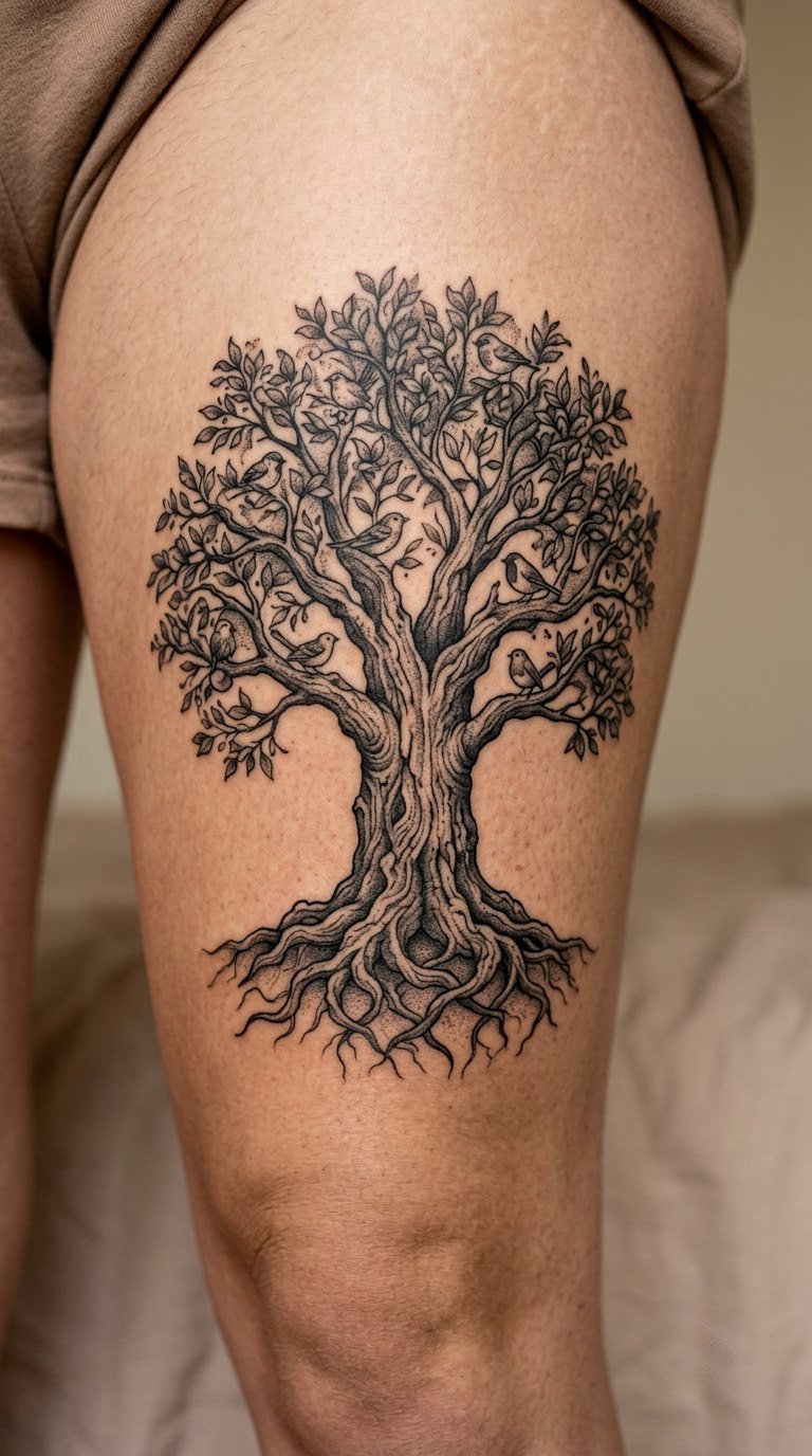 Old Growth Tree With Hidden Birds on the Thigh