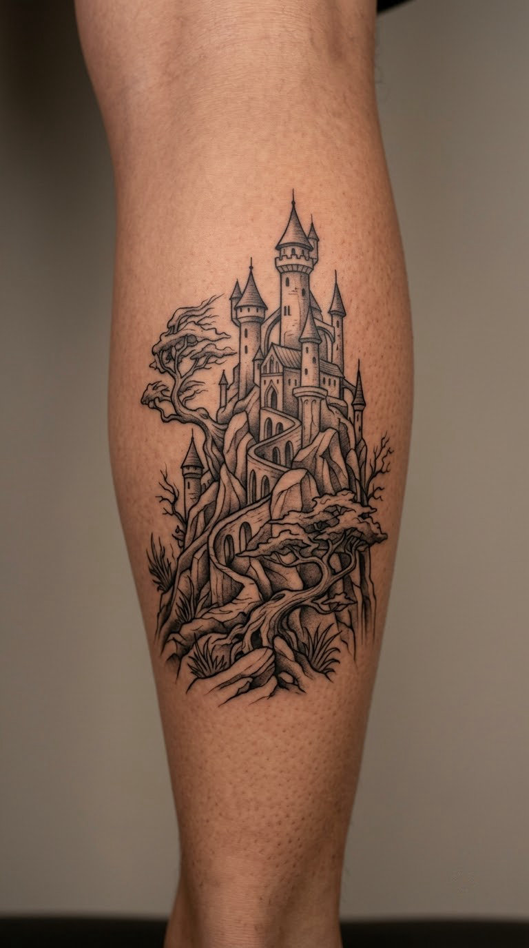 Black-Grey Castle Silhouette on the Calf