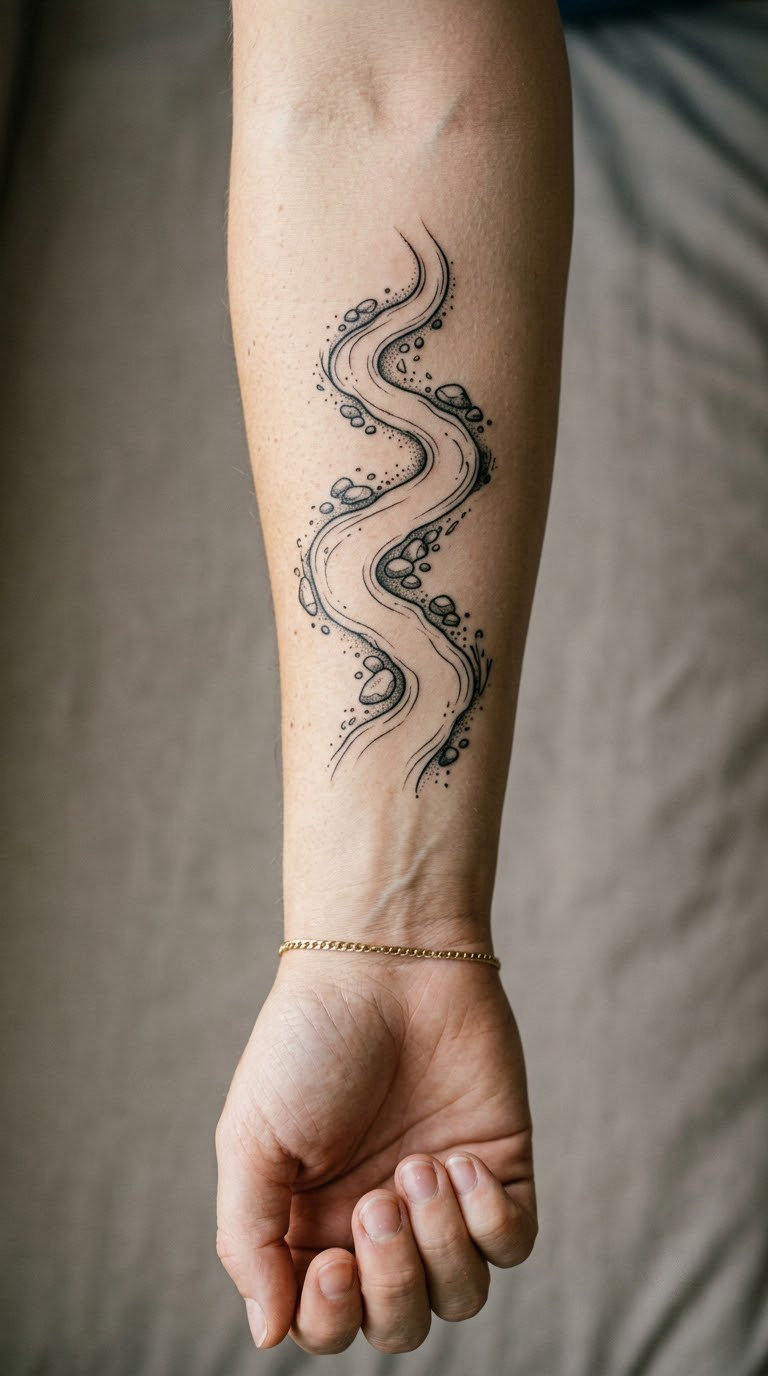 Flowing River of White Ink on the Forearm