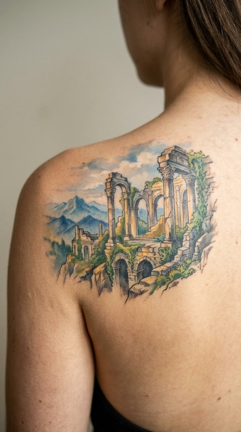 Sunlit Ruins in Watercolour on the Shoulder Blade