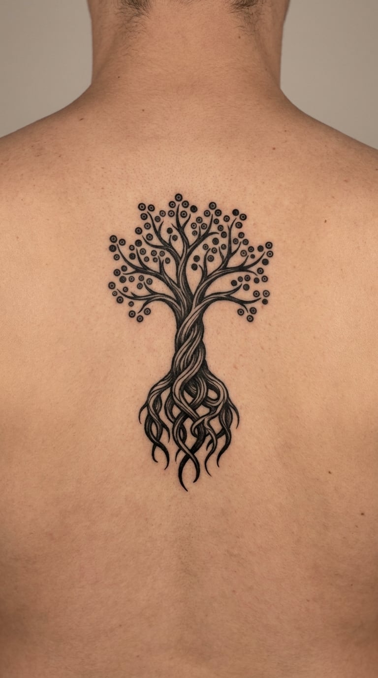 Blackwork Tree of Tales on the Upper Back
