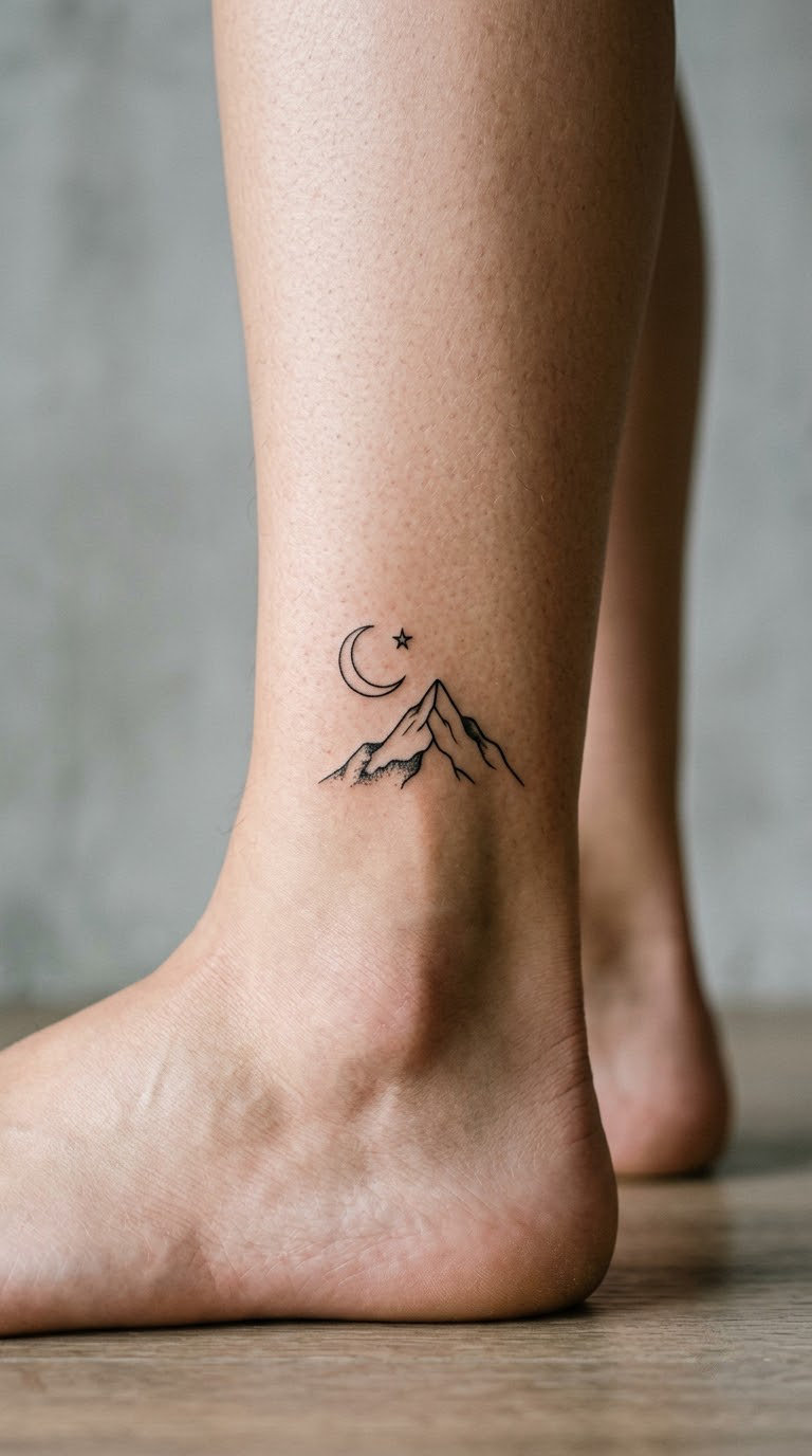 Minimal Mountain-and-Moon Symbol on the Ankle