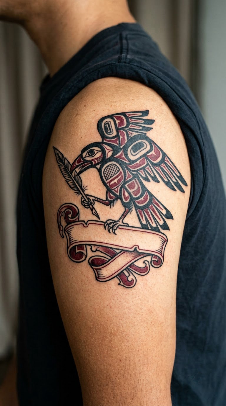 Traditional Raven With a Quill on the Shoulder
