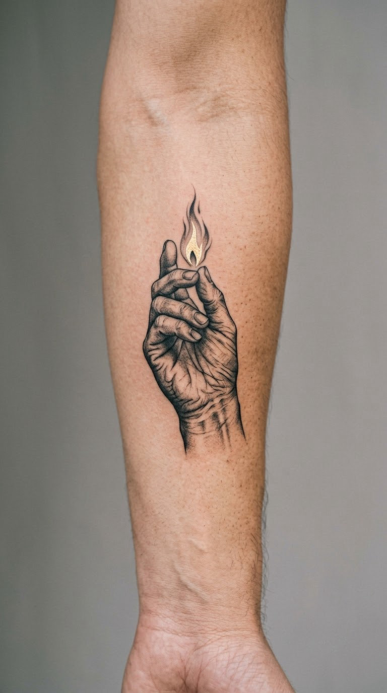 Realistic Hand Holding a Tiny Flame on the Side of the Arm