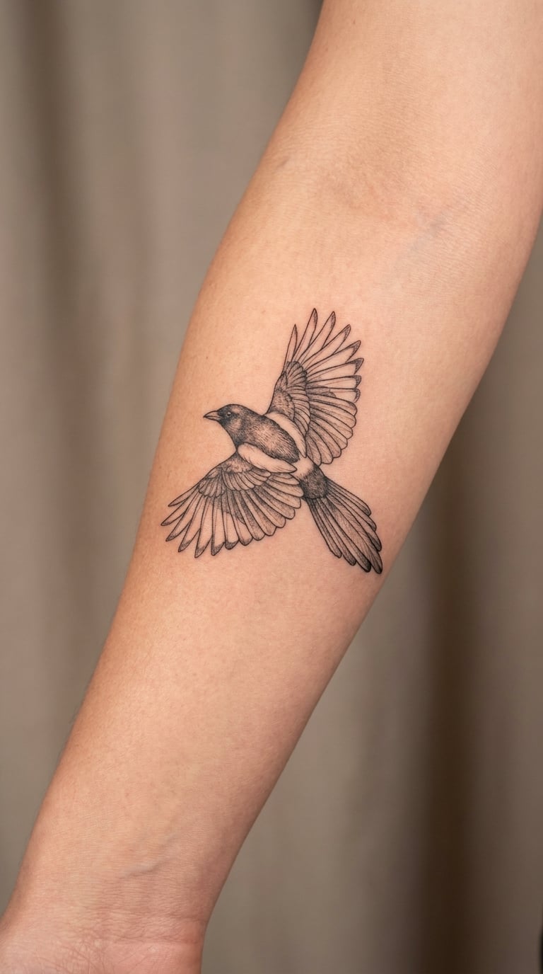 Fine-Line Magpie in Flight