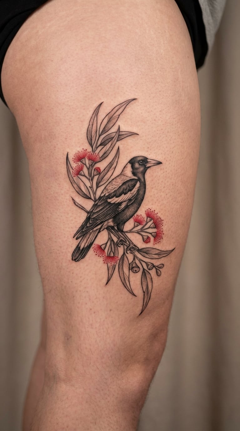 Magpie in an Australian Floral Frame