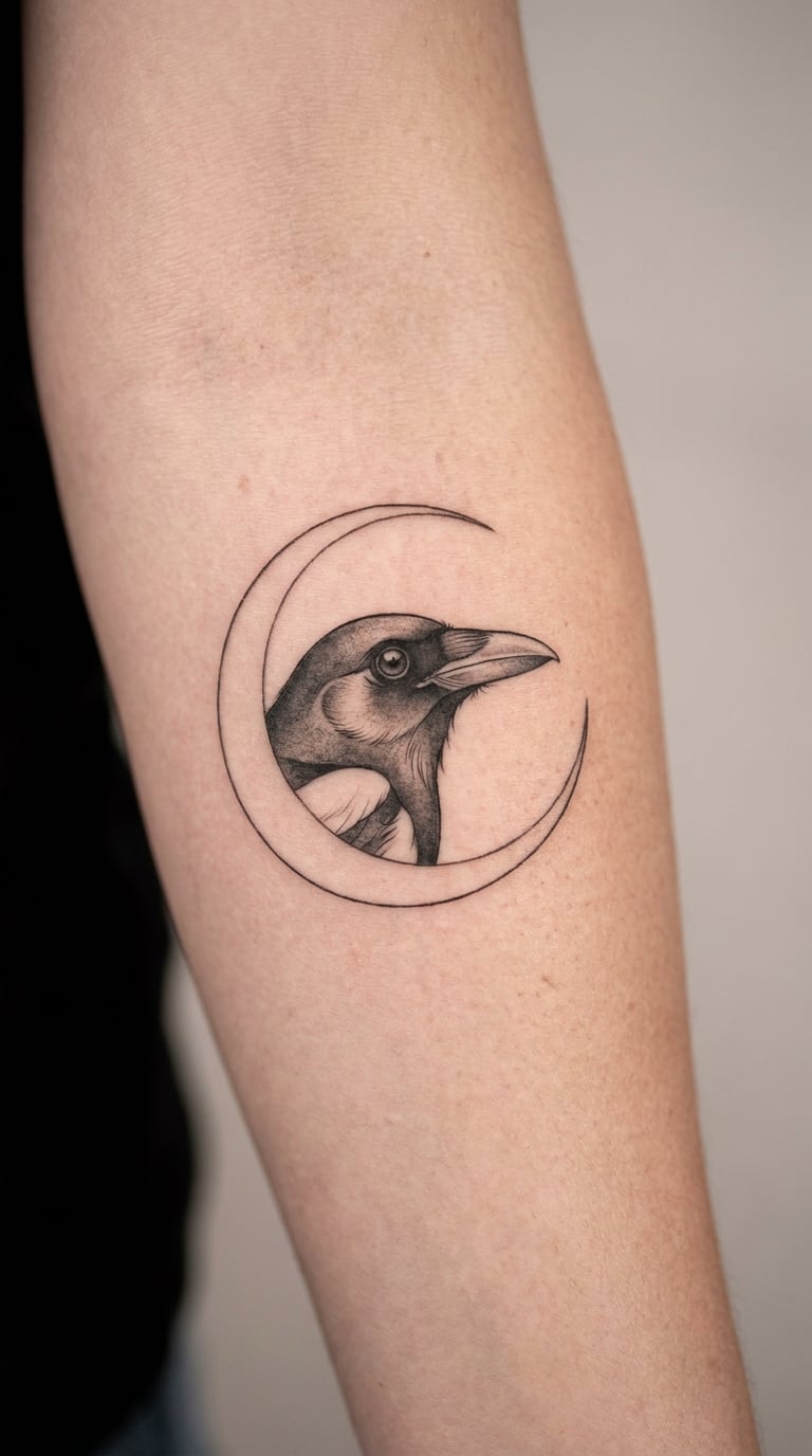 Magpie Head in a Circular Moon