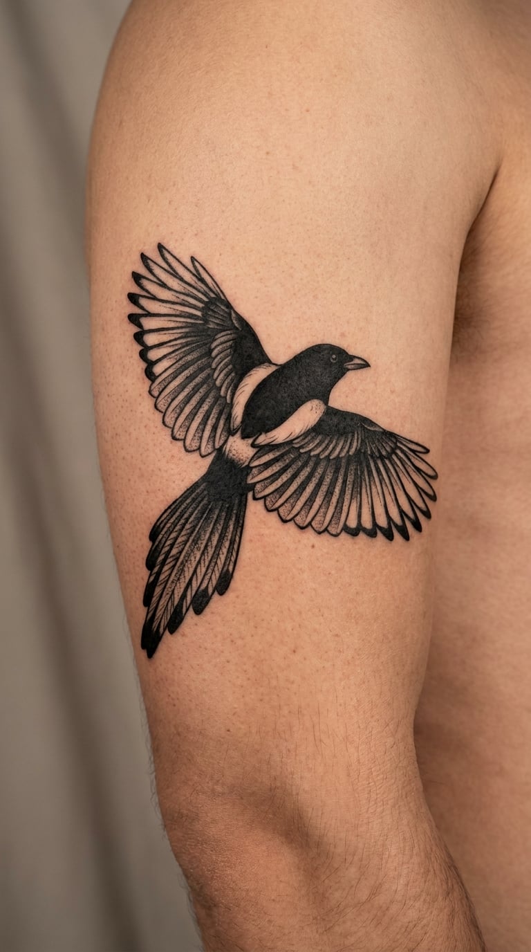 Blackwork Magpie With Spread Wings