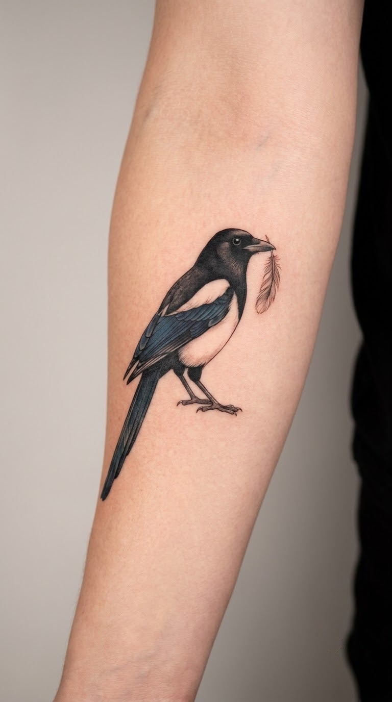 Realistic Magpie Holding a Feather
