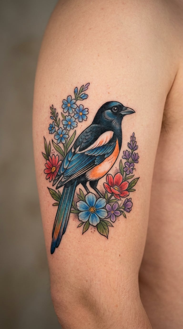 Colorful Magpie and Wildflowers Sleeve Element