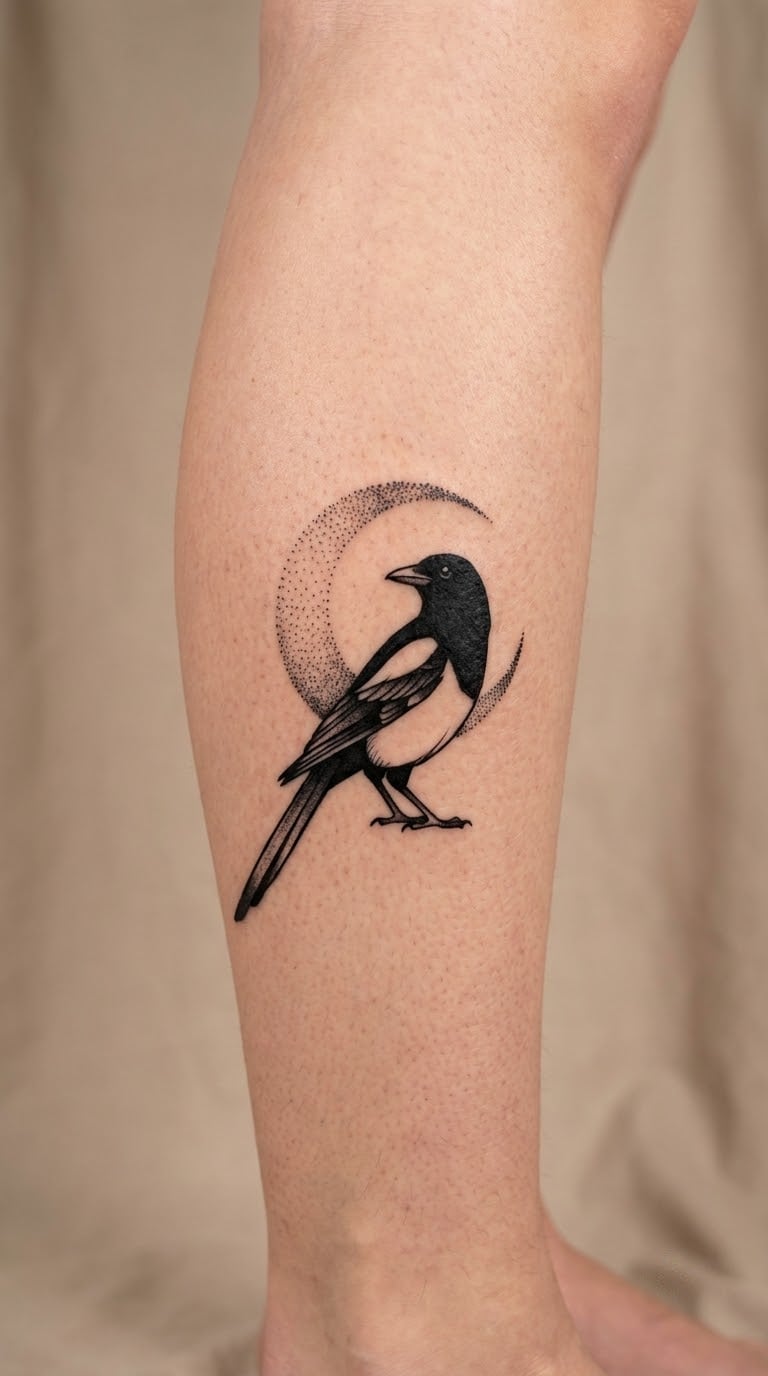 Magpie and Moon in Dotwork