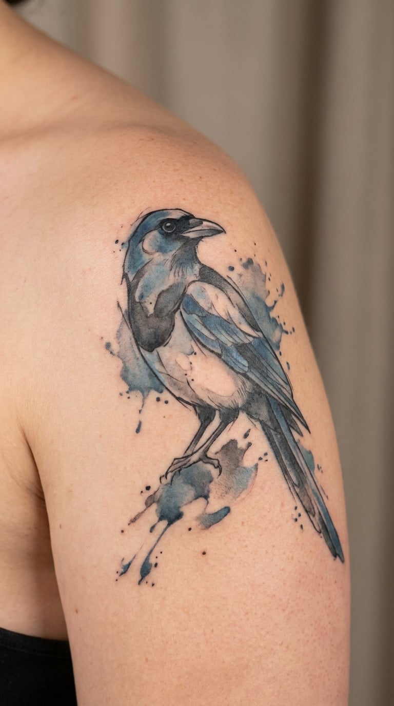 Watercolour Magpie With Ink Splashes