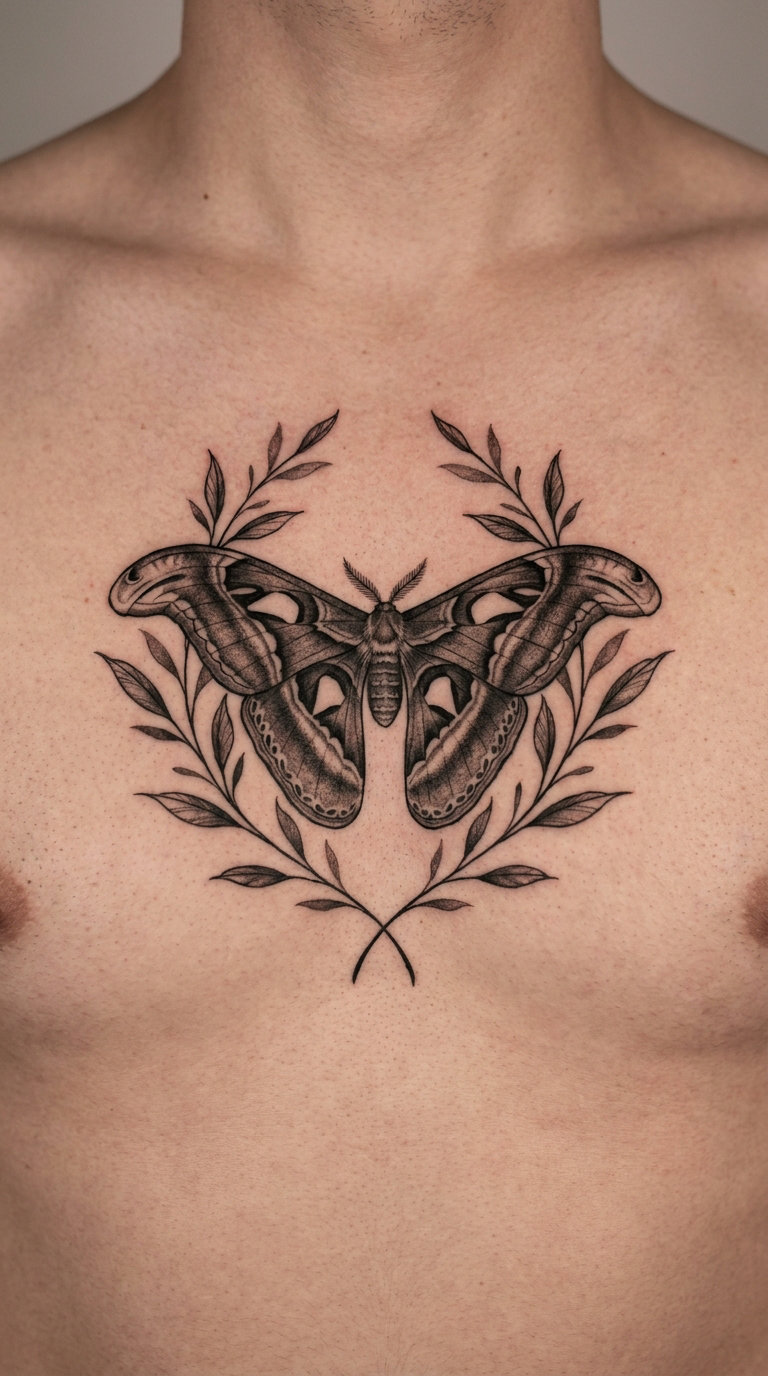 Atlas Moth in Botanical Blackwork