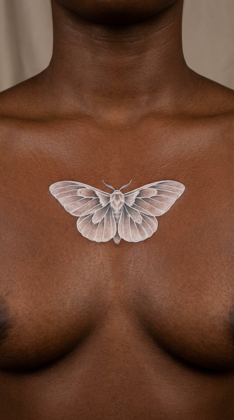 White Ink Moth on Dark Chest Skin