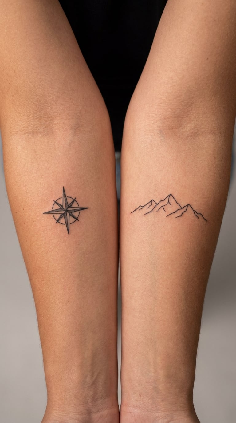 Matching Compass and Mountain Pair on Opposite Inner Forearms