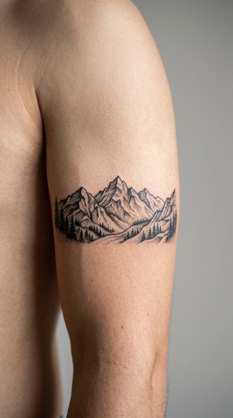 Dotwork Mountain Panorama on the Outer Upper Arm