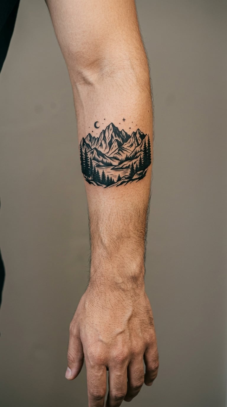 Blackwork Sierra Silhouette on the Outer Forearm