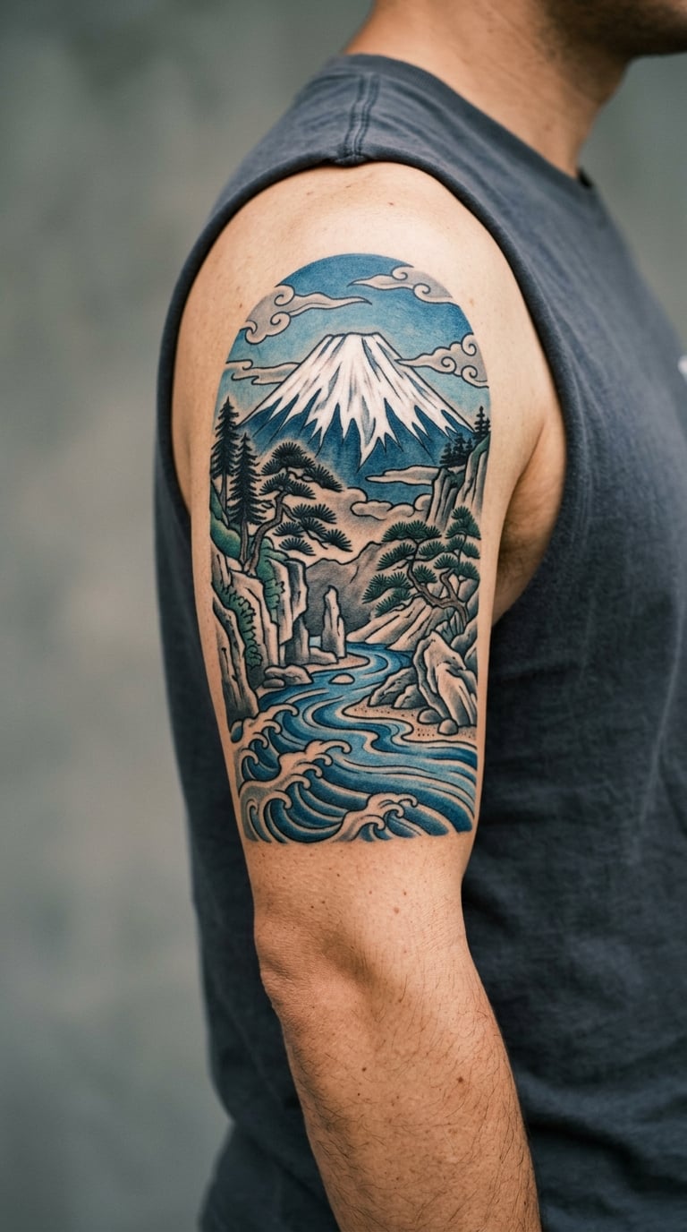 Traditional Japanese Mountain Scene on the Upper Arm