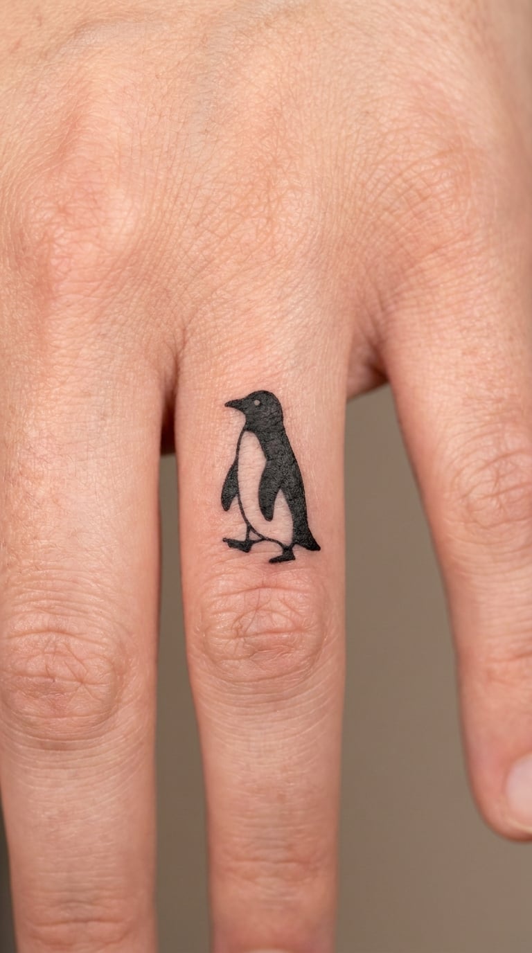 Tiny Walking Penguin Finger Tattoo