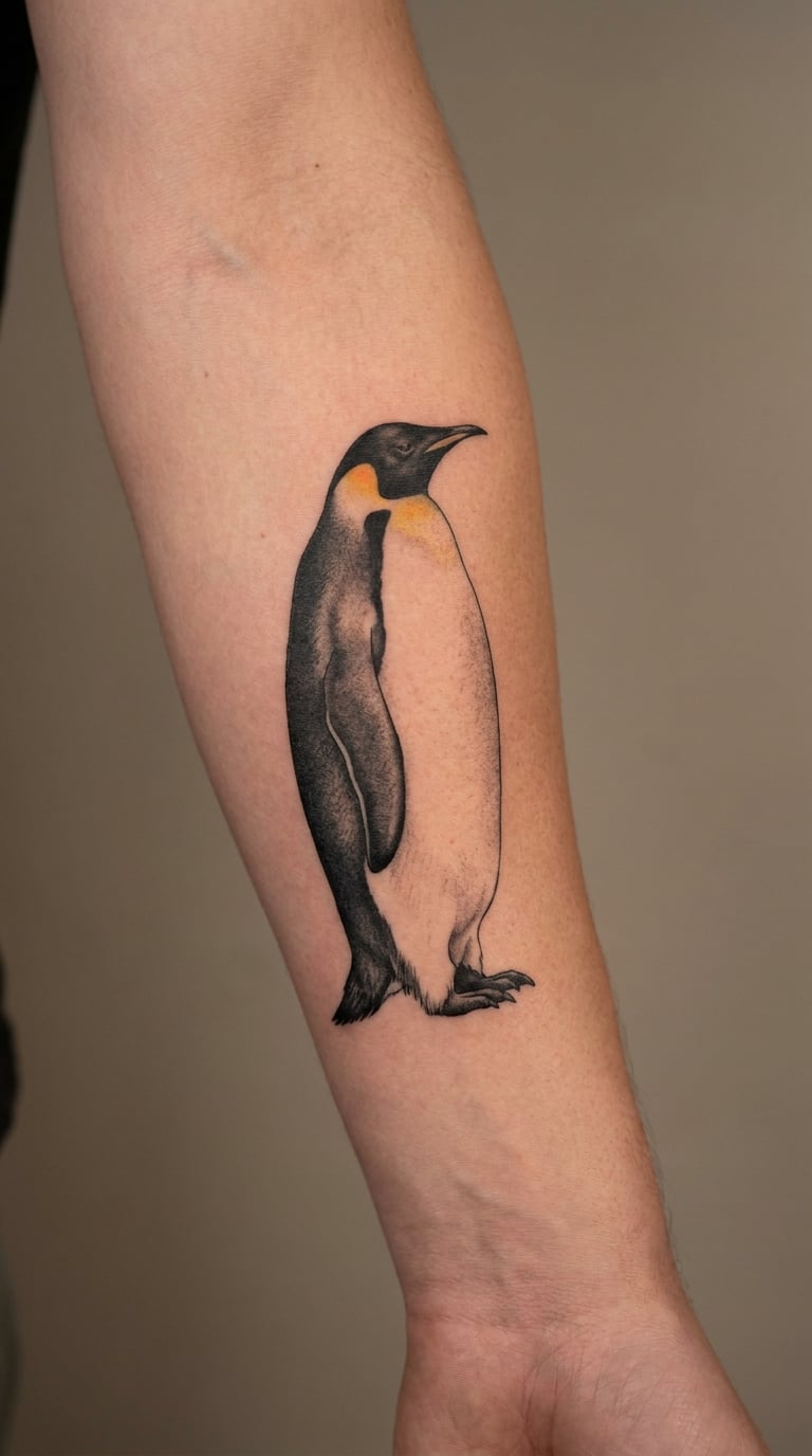 Realistic Emperor Penguin Forearm Tattoo