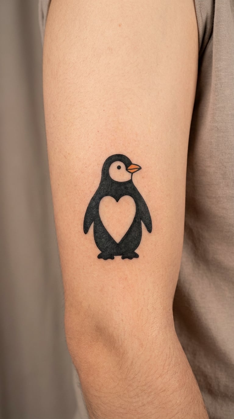 Blackwork Penguin With Heart-Shaped Belly