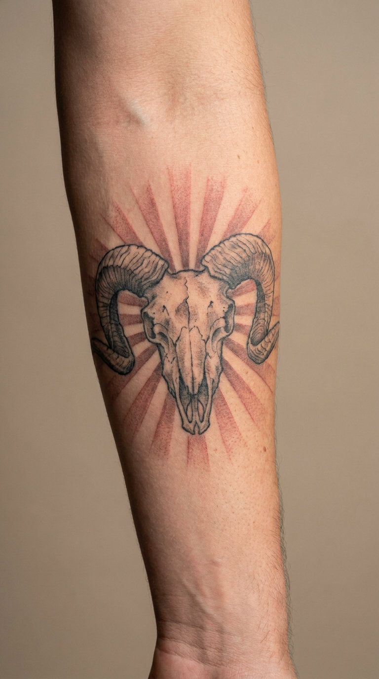 Western Ram Skull with Sunburst