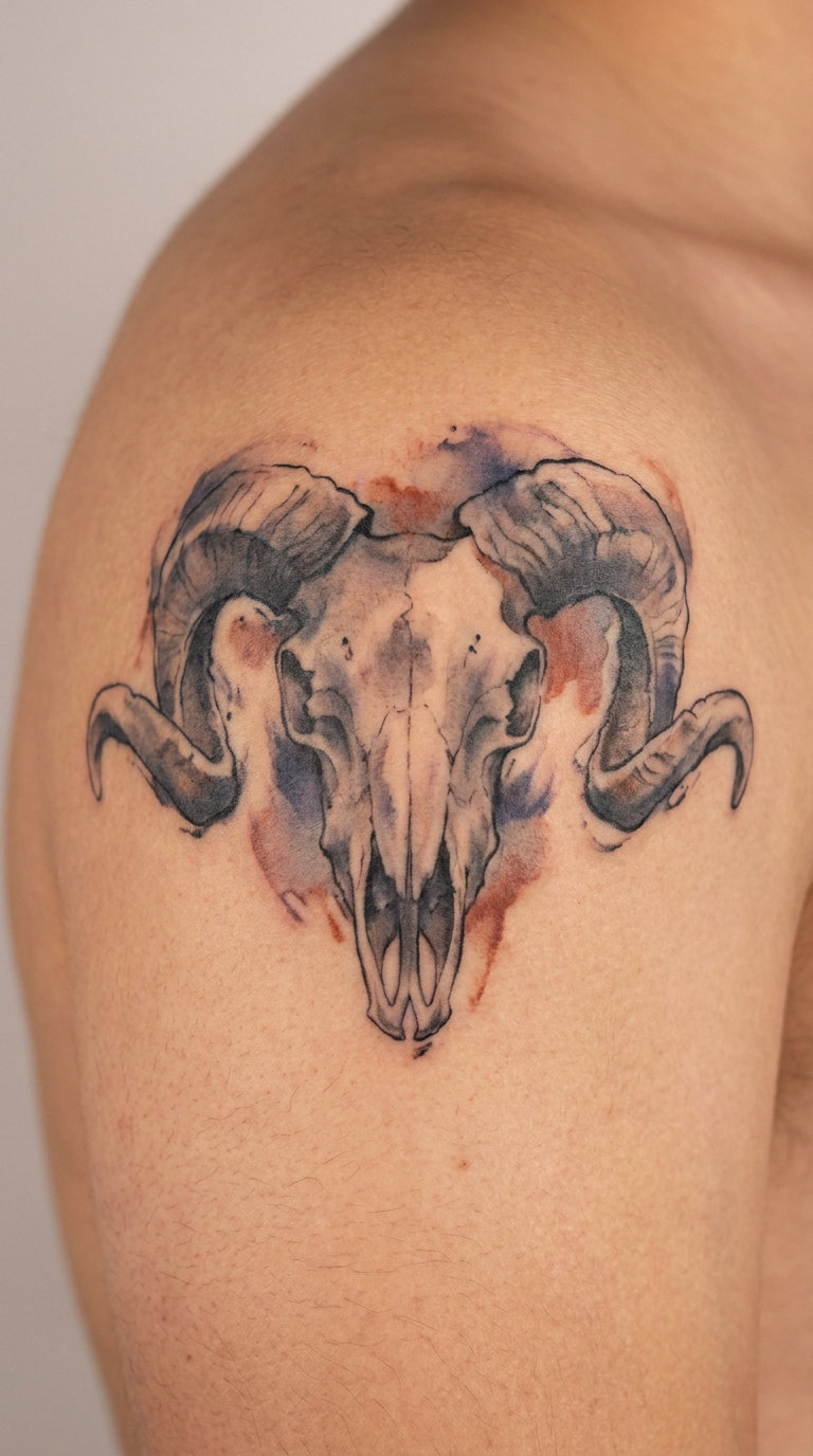 Watercolour Ram Skull