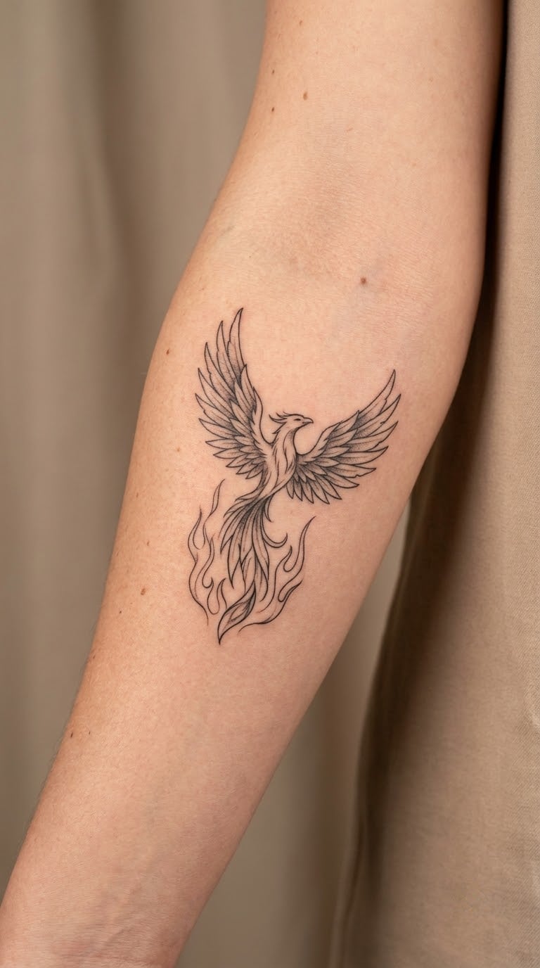 Fine-Line Phoenix Rising from a Minimal Flame